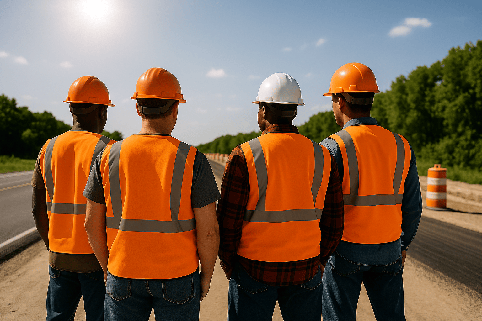 Construction crew with safety equipment on a sunny asphalt worksite